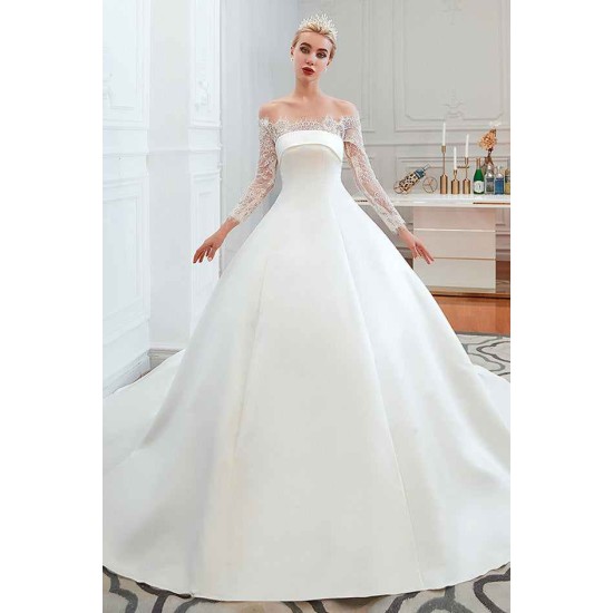 Romantic Lace Long Sleevess Princess Satin Wedding Dress