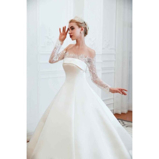 Romantic Lace Long Sleevess Princess Satin Wedding Dress