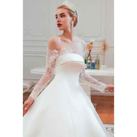 Romantic Lace Long Sleevess Princess Satin Wedding Dress