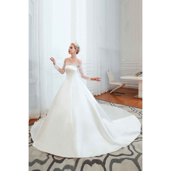 Romantic Lace Long Sleevess Princess Satin Wedding Dress