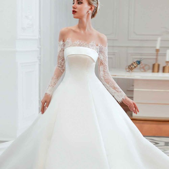 Romantic Lace Long Sleevess Princess Satin Wedding Dress