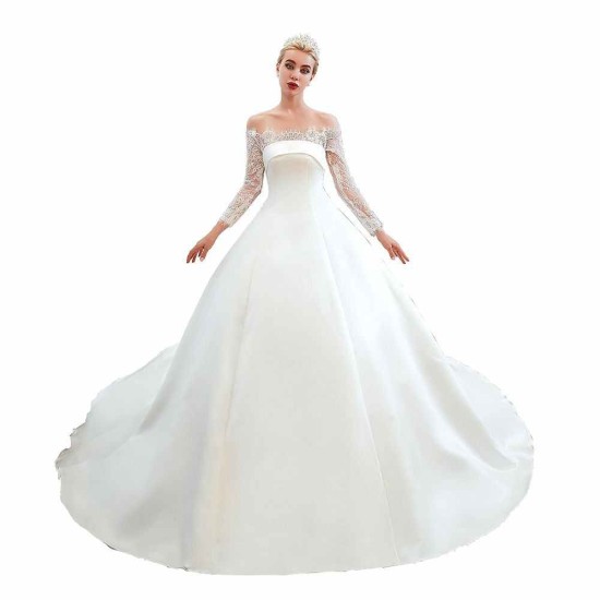 Romantic Lace Long Sleevess Princess Satin Wedding Dress