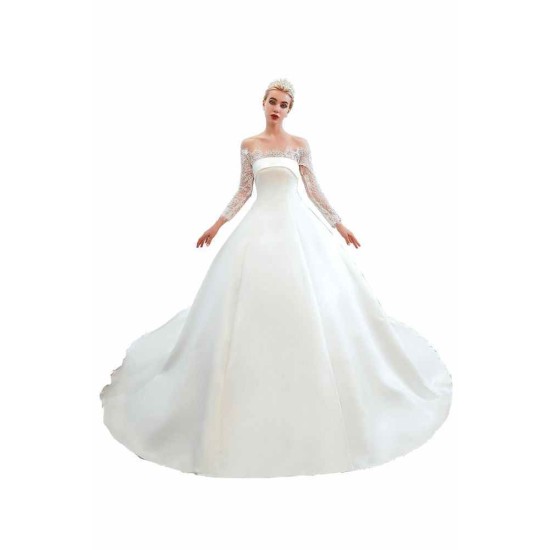 Romantic Lace Long Sleevess Princess Satin Wedding Dress