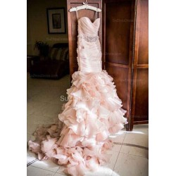Modern Mermaid Sweetheart Wedding Dresses Pink Crystal Lace Up Lovely Ruffless Bridal Gowns