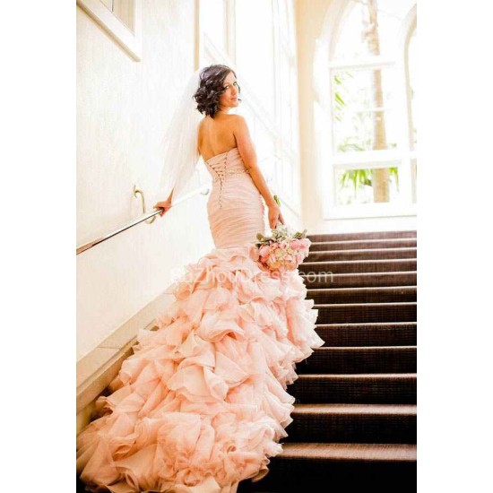 Modern Mermaid Sweetheart Wedding Dresses Pink Crystal Lace Up Lovely Ruffless Bridal Gowns