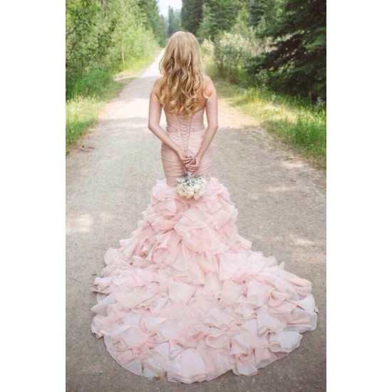 Modern Mermaid Sweetheart Wedding Dresses Pink Crystal Lace Up Lovely Ruffless Bridal Gowns