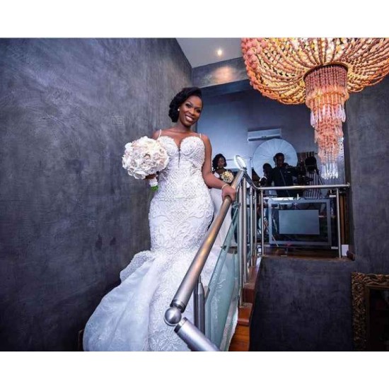 Luxurious Beaded Lace Mermaid Sweetheart Wedding Dresses Spaghetti Straps Appliques Bridal Gowns