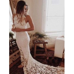 Lace Mermaid Sleeveless Halter Chapel Train Wedding Dresses
