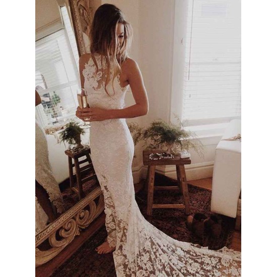 Lace Mermaid Sleeveless Halter Chapel Train Wedding Dresses