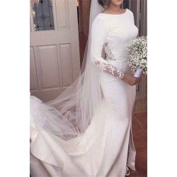 Lace Satin Long Sleevess Mermaid Scoop Court Train Wedding Dresses