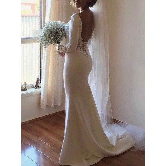 Lace Satin Long Sleevess Mermaid Scoop Court Train Wedding Dresses