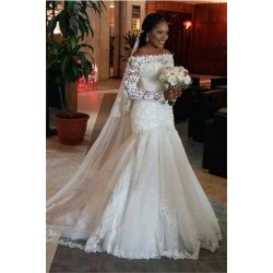 Tulle Floor Length Mermaid Off the Shoulder Long Sleevess Lace Wedding Dresses