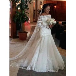 Tulle Floor Length Mermaid Off the Shoulder Long Sleevess Lace Wedding Dresses