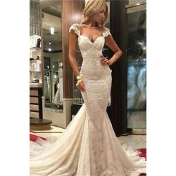 Lace Sleeveless Sweep Train Mermaid V neck Wedding Dresses