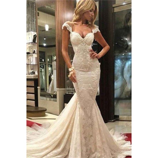 Lace Sleeveless Sweep Train Mermaid V neck Wedding Dresses