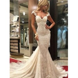 Lace Sleeveless Sweep Train Mermaid V neck Wedding Dresses