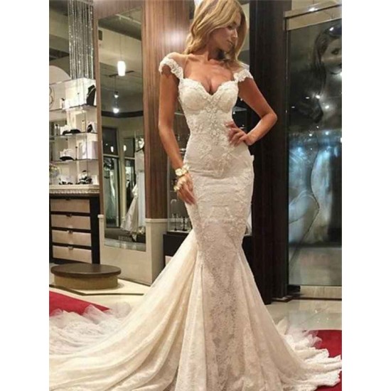 Lace Sleeveless Sweep Train Mermaid V neck Wedding Dresses
