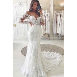 Charming Lace Appliques Mermaid Wedding Gown Long Sleeves Sweetheart Bridal Dress