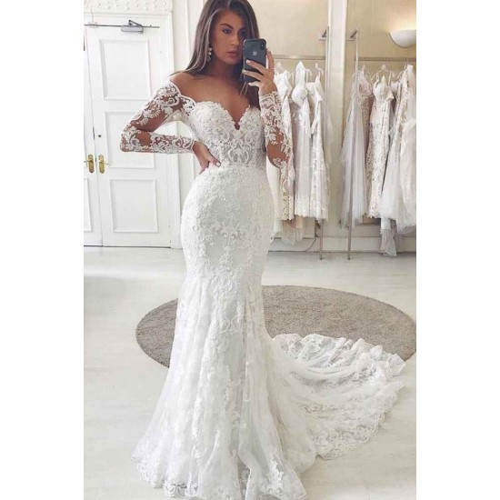 Charming Lace Appliques Mermaid Wedding Gown Long Sleeves Sweetheart Bridal Dress