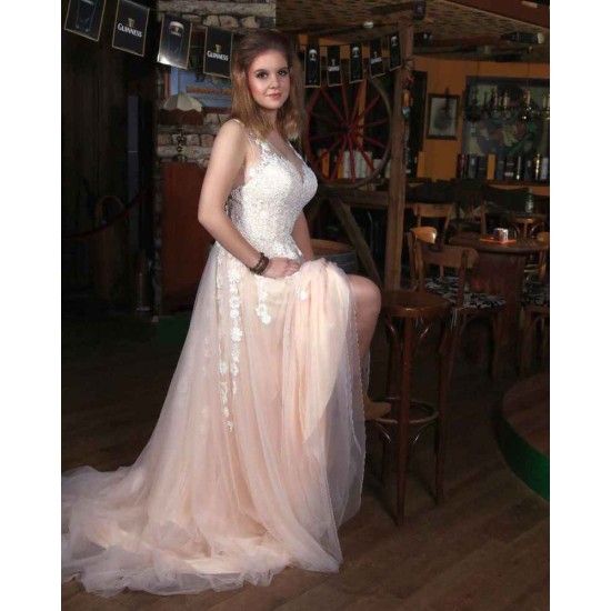 Classic V Neck A line Wedding DressTulle Lace Appliques Simple Side Split