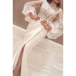 Mermaid High Neck Lace Wedding Dress Satin Long Sleeves Evening Party Dress