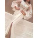 Mermaid High Neck Lace Wedding Dress Satin Long Sleeves Evening Party Dress