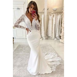 Mermaid V Neck Lace Appliques Bridal Dress Long Sleeves Modern Wedding Dress
