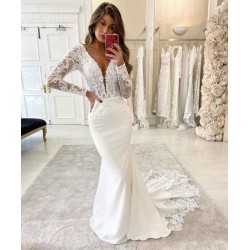Mermaid V Neck Lace Appliques Bridal Dress Long Sleeves Modern Wedding Dress