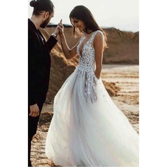 Modern V Neck Tulle Lace Appliques Sleeveless Wedding Reception Dress