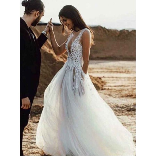 Modern V Neck Tulle Lace Appliques Sleeveless Wedding Reception Dress