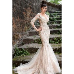 Mermaid Long Sleeves Ivory Lace Wedding Dresses Modern Sheer Tulle See Through Back Evening Dresses