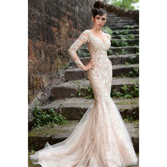 Mermaid Long Sleeves Ivory Lace Wedding Dresses Modern Sheer Tulle See Through Back Evening Dresses