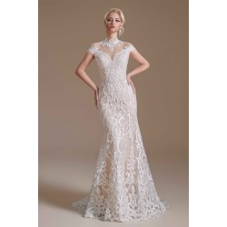 High Collar Lace Long Cap Sleeves Mermaid Wedding Dress | Ballbella Design