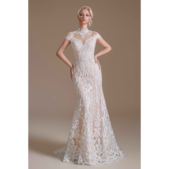 High Collar Lace Long Cap Sleeves Mermaid Wedding Dress | Ballbella Design