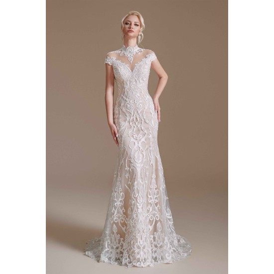 High Collar Lace Long Cap Sleeves Mermaid Wedding Dress | Ballbella Design