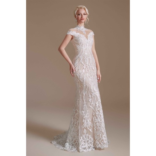 High Collar Lace Long Cap Sleeves Mermaid Wedding Dress | Ballbella Design