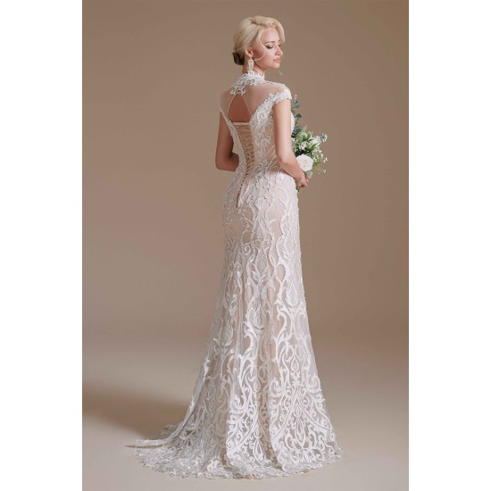High Collar Lace Long Cap Sleeves Mermaid Wedding Dress | Ballbella Design