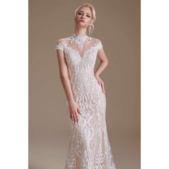 High Collar Lace Long Cap Sleeves Mermaid Wedding Dress | Ballbella Design