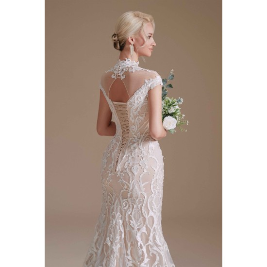 High Collar Lace Long Cap Sleeves Mermaid Wedding Dress | Ballbella Design