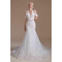 Cool Shouder V Neck Court Applique Mermaid Wedding Dress | Ballbella Design