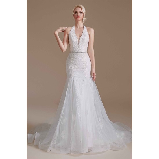 Cool Shouder V Neck Court Applique Mermaid Wedding Dress | Ballbella Design
