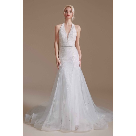 Cool Shouder V Neck Court Applique Mermaid Wedding Dress | Ballbella Design