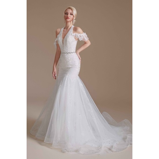 Cool Shouder V Neck Court Applique Mermaid Wedding Dress | Ballbella Design
