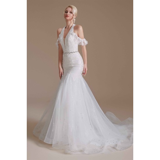 Cool Shouder V Neck Court Applique Mermaid Wedding Dress | Ballbella Design