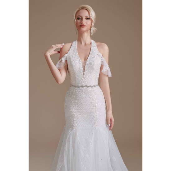 Cool Shouder V Neck Court Applique Mermaid Wedding Dress | Ballbella Design