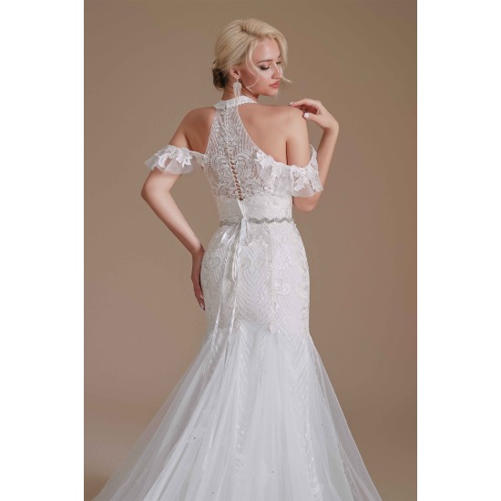 Cool Shouder V Neck Court Applique Mermaid Wedding Dress | Ballbella Design
