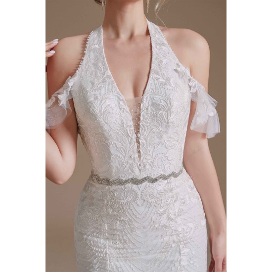 Cool Shouder V Neck Court Applique Mermaid Wedding Dress | Ballbella Design