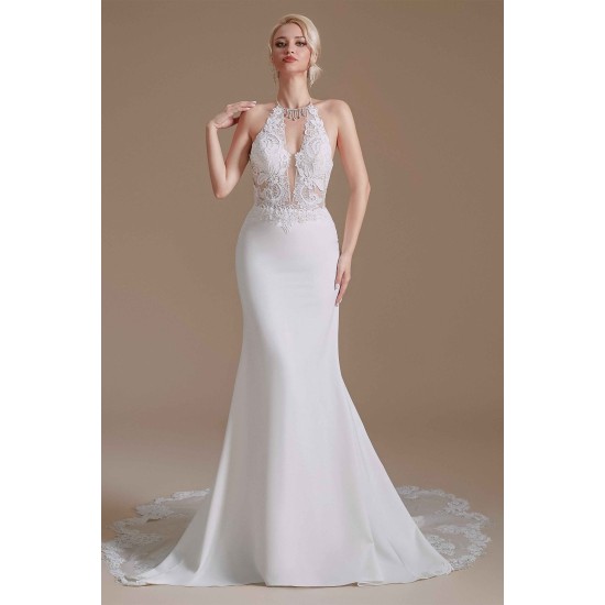 Halter Lace Applique Mermaid Wedding Dress | Ballbella Design