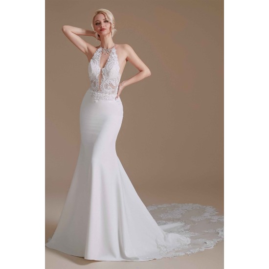 Halter Lace Applique Mermaid Wedding Dress | Ballbella Design
