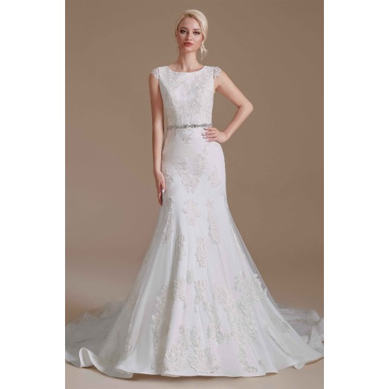 Jewel Lace Cap Sleeves Lace Mermaid Wedding Dress | Ballbella Design